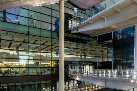 Modern architecture of Terminal 2 building, London Heathrow Airport, England, UK