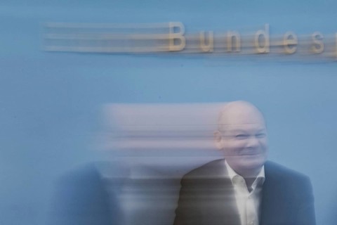 Olaf Scholz (SPD), Federal Chancellor, recorded at a federal press conference on current domestic