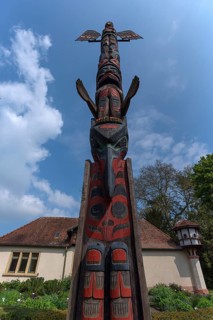 Canadian totem pole in the municipal park of Lahr, Baden-Württemberg, Germany, Europe