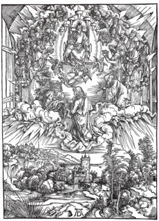 Picture cycle The Apocalypse, St.John and the twenty-four elders in heaven, woodcut by Albrecht