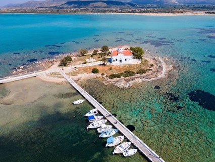 Drone shot, Saint Spiridon Greek Orthodox Church, Agios Spyridon, Elafonisos town, Elafonisos, Deer