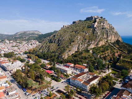 Aerial view, Old Town and Palamidi Fortress, Nafplio, Nauplia, Nauplion, Nafplion, Argolis, Argolic