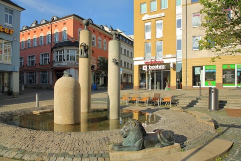 Klostermarktbrunnen by Peter Luban 2003, ornamental fountain, Klostermarkt, Plauen, Vogtland,