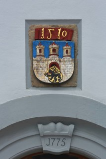 City coat of arms with year 1510 and 1775 on the town hall, Obermarkt, Freiberg, Saxony, Germany,