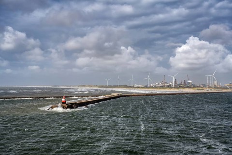 Noordpier Wijk Aan Zee, wind turbines and the steelworks of Tata Steel, North Holland, Netherlands