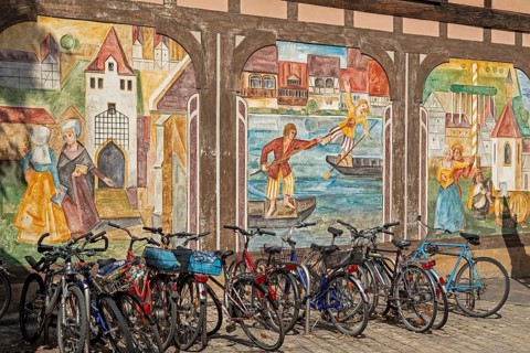 Wall painting, bicycles, old town, Bamberg, Upper Franconia, Bavaria, Germany, Europe