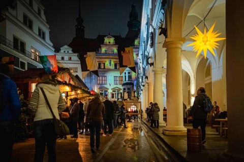 Medieval Christmas market in the stable yard of Dresden's Residenzschloss, a Renaissance knight's