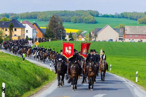 Easter riding procession in Crostwitz, Easter riding in Lusatia. Procession from Crostwitz to