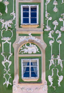 Market square with rococo stucco facades on the town houses, Obernberg am Inn, Innviertel, Upper