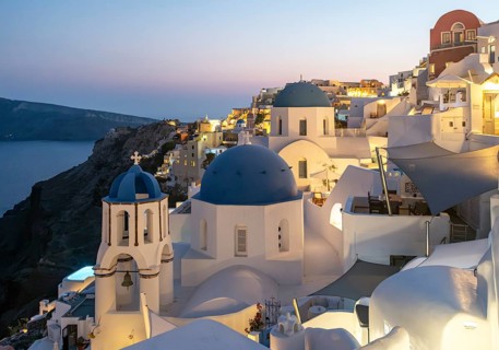Two blue-domed churches, Agios Spiridonas, St Spyridon, and Church of Anastasis, Resurrection, at