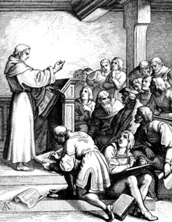 Martin Luther giving philosophian and theologian lectures as Baccasaureus in 1508, Germany,