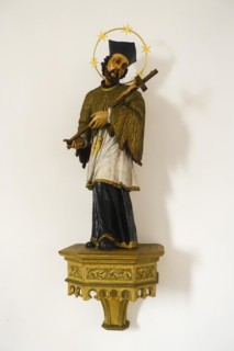 St. John Nepomuk Catholic Church, sacred art, Christian art, statue, figurine, male saint, cross,