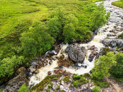 Waterfall on River Coupall from a drone, Buachaille Etive Mor, Glen Etive and River Etive,