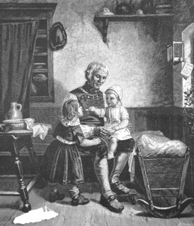 Breakfast, Grandfather with grandchildren at breakfast, in the living room, An elderly man sits on