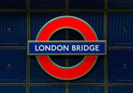 London Bridge' underground sign in blue and red, iconic for London's transport system, London,