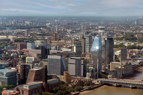 Sweeping views of the city with modern and historic skyscrapers and the River Thames, London,