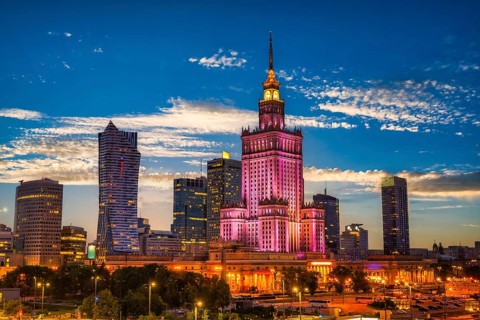 Early evening in Warsaw with the view on Palace of Science and Culture, Poland, Europe