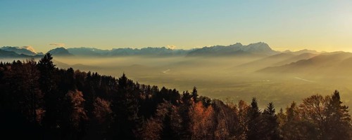 Rhine valley in the evening light, panoramic view from the Pfänder