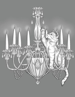 Playful Cat On Top Of A Lit Candle Chandelier Raising Paw Line Drawing