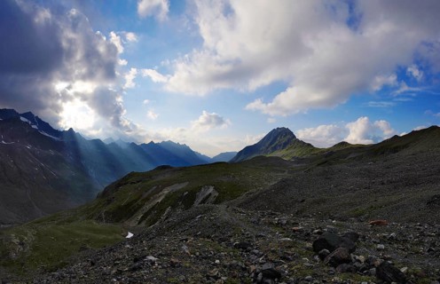 Cloud rays, Ochsental, Silvretta, Vorarlberg