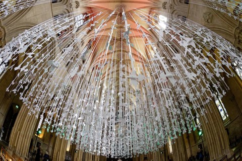 Fisheye, interior view, Peace Doves, Wells Cathedral, Wells, England, Great Britain