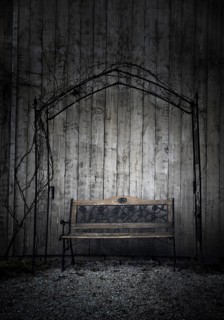 Retro garden bench near a wooden barn, in a cold day of january, under a metal arch