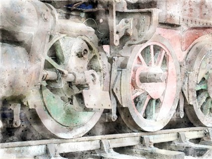 Watercolor image of the wheels of an steam locomotive on tracks with rust fading green and red