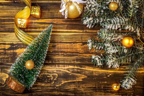 Christmas tree and toys on wooden background