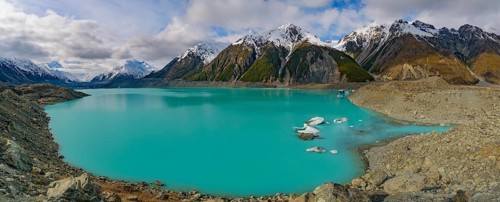 Panorama of Blue Lakes and Tasman Glacier, Mount Cook National Park, New Zealand, Oceania