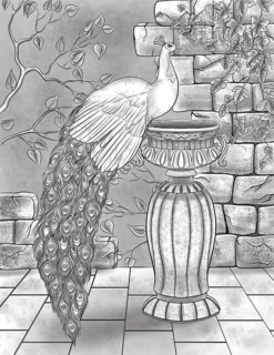 Beautiful Peacock Resting On Water Vase With Broken Walls And Vines