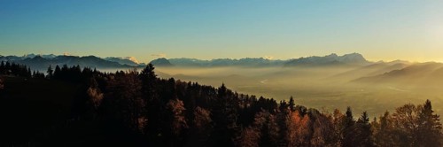 Rhine valley in the evening light, panoramic view from the Pfänder