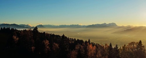 Rhine valley in the evening light, panoramic view from the Pfänder