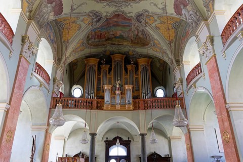Interior view, organ, parish church of St Egid, Pfarrplatz, inner city, Klagenfurt, Carinthia,