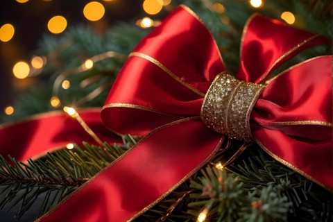 Christmas garland with gold and red ribbons intertwined with pine needles and tiny twinkling