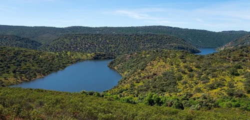 A calm river surrounded by green hills and rich vegetation under a clear blue sky, River Tiétar,