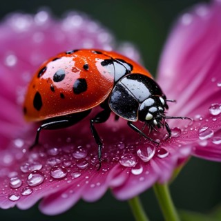 Ladybug crawling on a wet flower petal, with rain droplets, AI generated