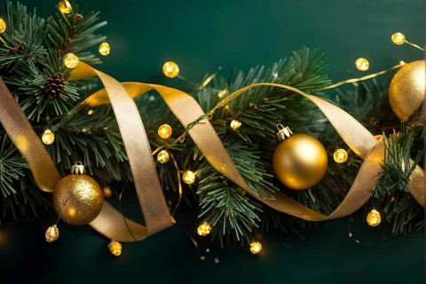 Christmas garland with golden ribbons intertwined with pine needles and tiny twinkling lights,