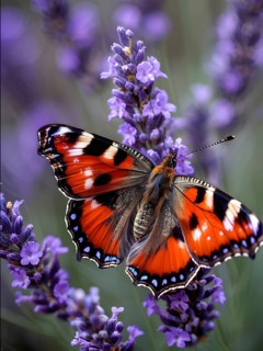 Butterfly resting on a blooming lavender plant, with its delicate wings fully spread and fine