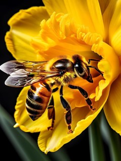 Honeybee collecting nectar from a vibrant yellow daffodil, showing intricate details of the flower