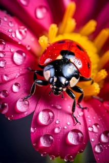 Ladybug crawling on a wet flower petal, with rain droplets, AI generated