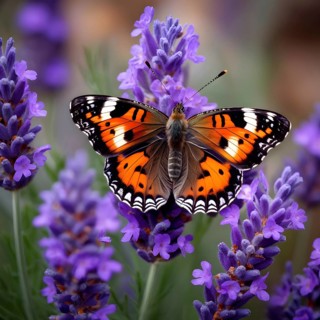 Butterfly resting on a blooming lavender plant, with its delicate wings fully spread and fine