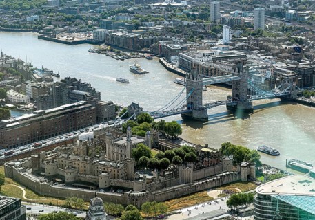 Aerial view of the famous historic Tower Bridge over the River Thames in an urban setting, London,