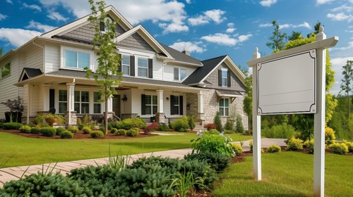 Blank real estate sign ready for your message in front of house. generative AI, AI generated