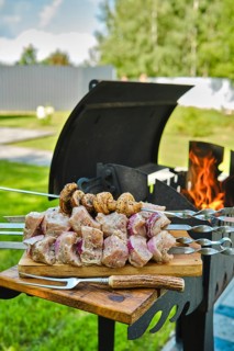 Marinated pork shashlik on skewer ready for outdoor barbecue