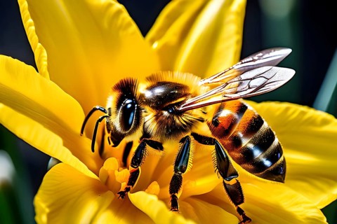 Honeybee collecting nectar from a vibrant yellow daffodil, showing intricate details of the flower