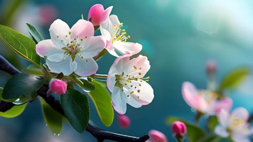 Blossoming apple blossoms in springtime, with soft pink and white petals contrasting against a