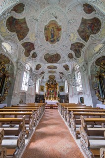 Magnificent church interior of the Maria Gern pilgrimage church in Baroque style, white and gold