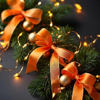Christmas garland with gold and orange ribbons intertwined with pine needles and tiny twinkling