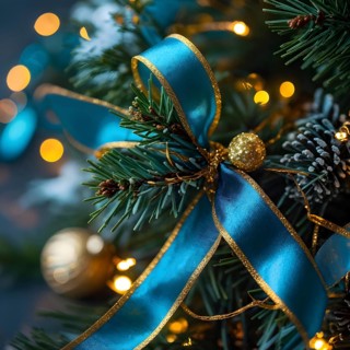 Christmas garland with gold and blue ribbons intertwined with pine needles and tiny twinkling