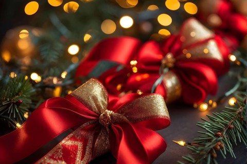 Christmas garland with gold and red ribbons intertwined with pine needles and tiny twinkling